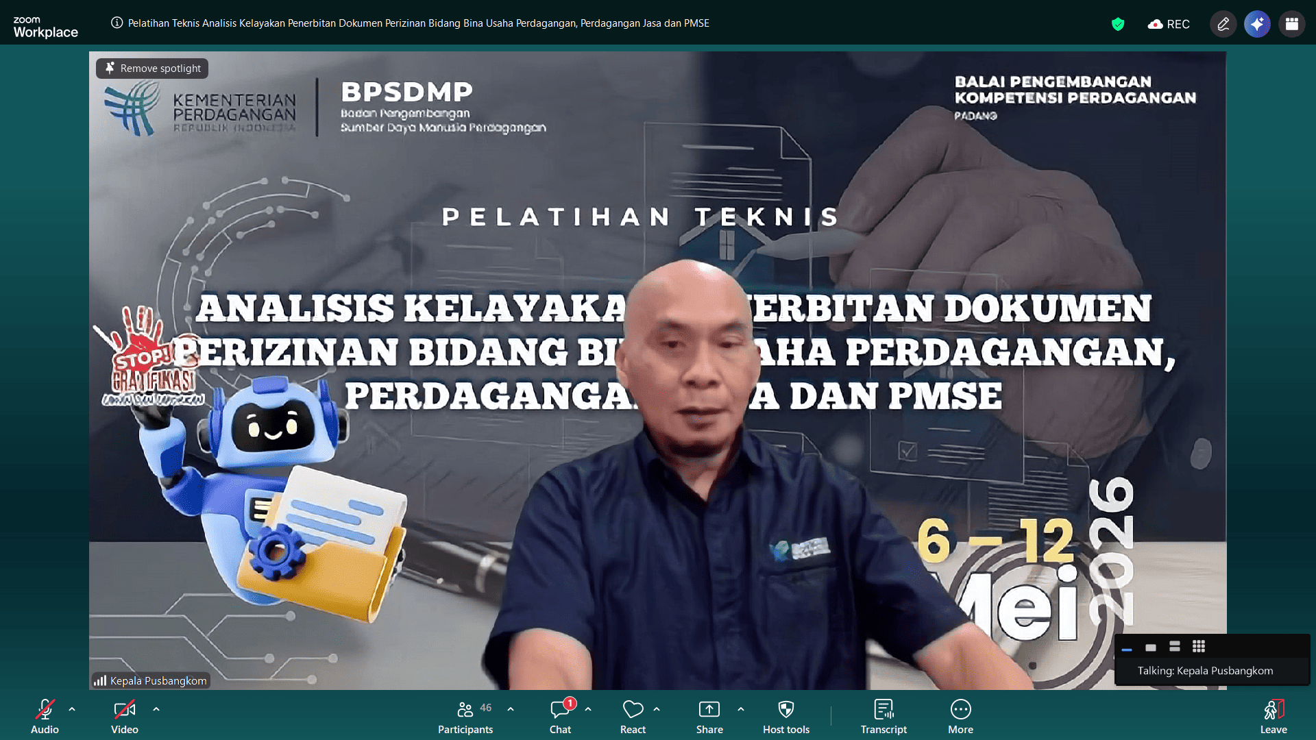 Bapekomdag Padang Gelar Pembukaan Pelatihan Teknis Analisis Kelayakan Perizinan Bidang Bina Usaha dan PMSE secara Daring